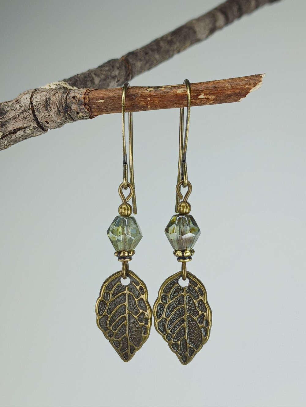 Moss Green Czech Glass Leaf Earrings Antique Brass Botanical Hand Crafted - Picture 4 of 6